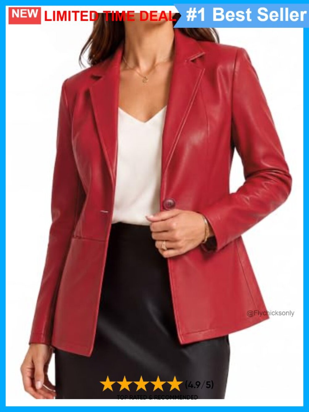 Faux Leather Blazer Jacket Lightly Fitted Notch Collar Business Casual